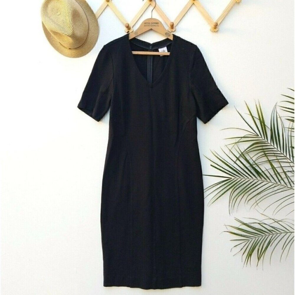 Cabi Sz 8 Solid Black V Neck Ponte Knit Sheath Shift Pencil Dress